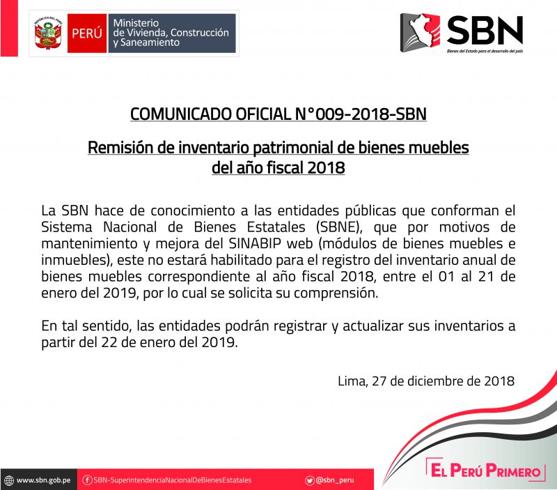  COMUNICADO OFICIAL N° 009-2018-SBN