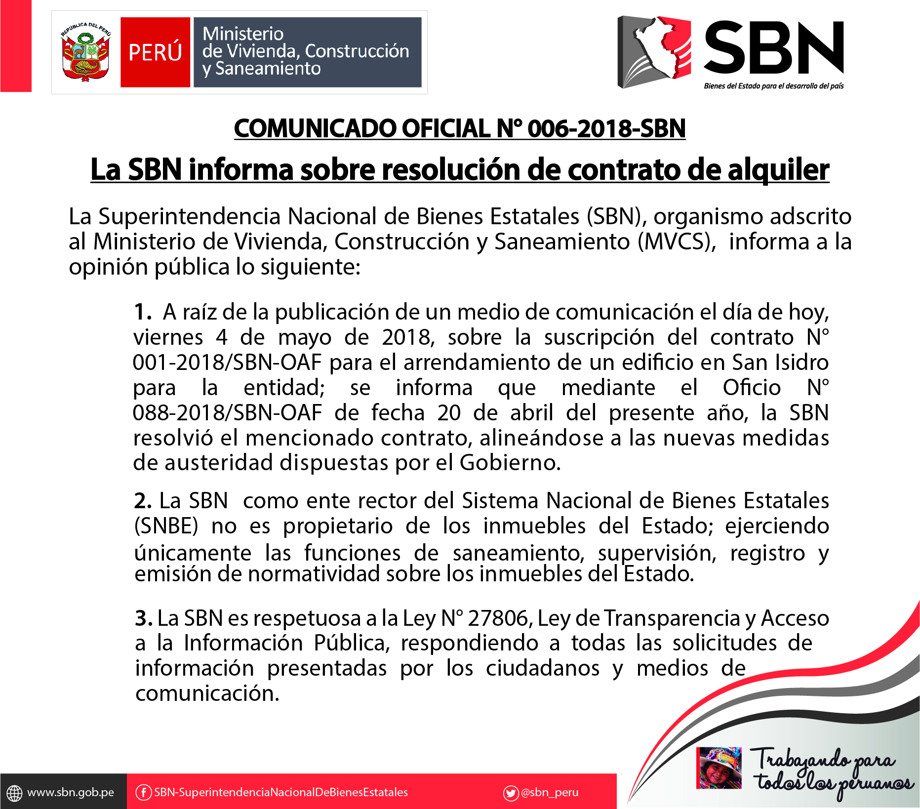  COMUNICADO OFICIAL Nº006-2018-SBN