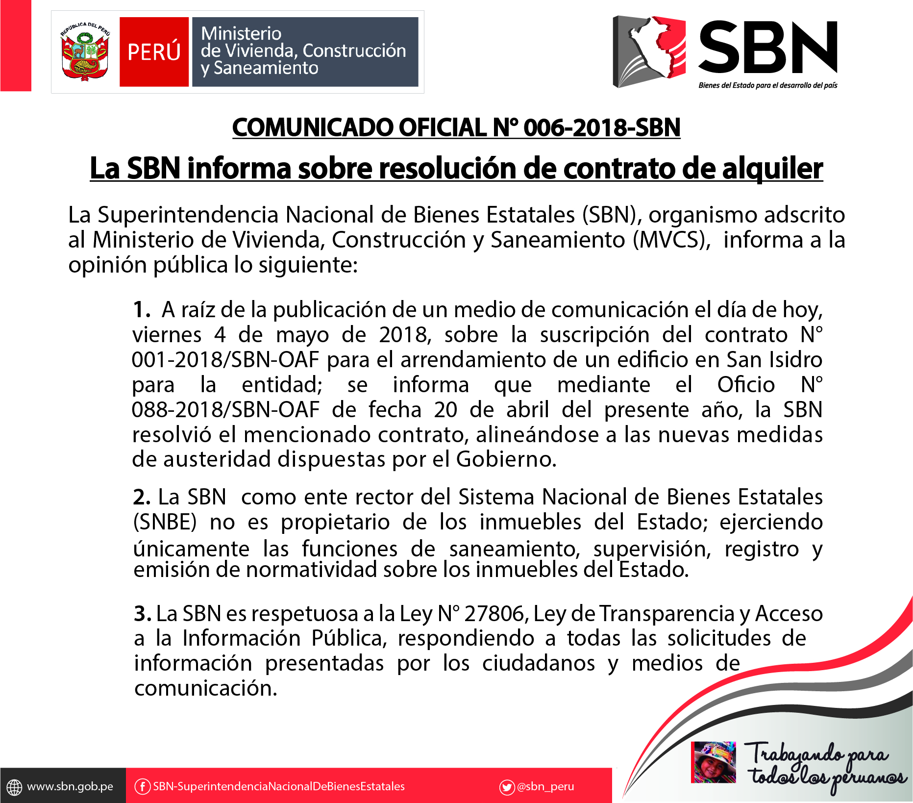 COMUNICADO OFICIAL Nº006-2018-SBN