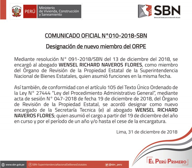  COMUNICADO OFICIAL N° 010-2018-SBN