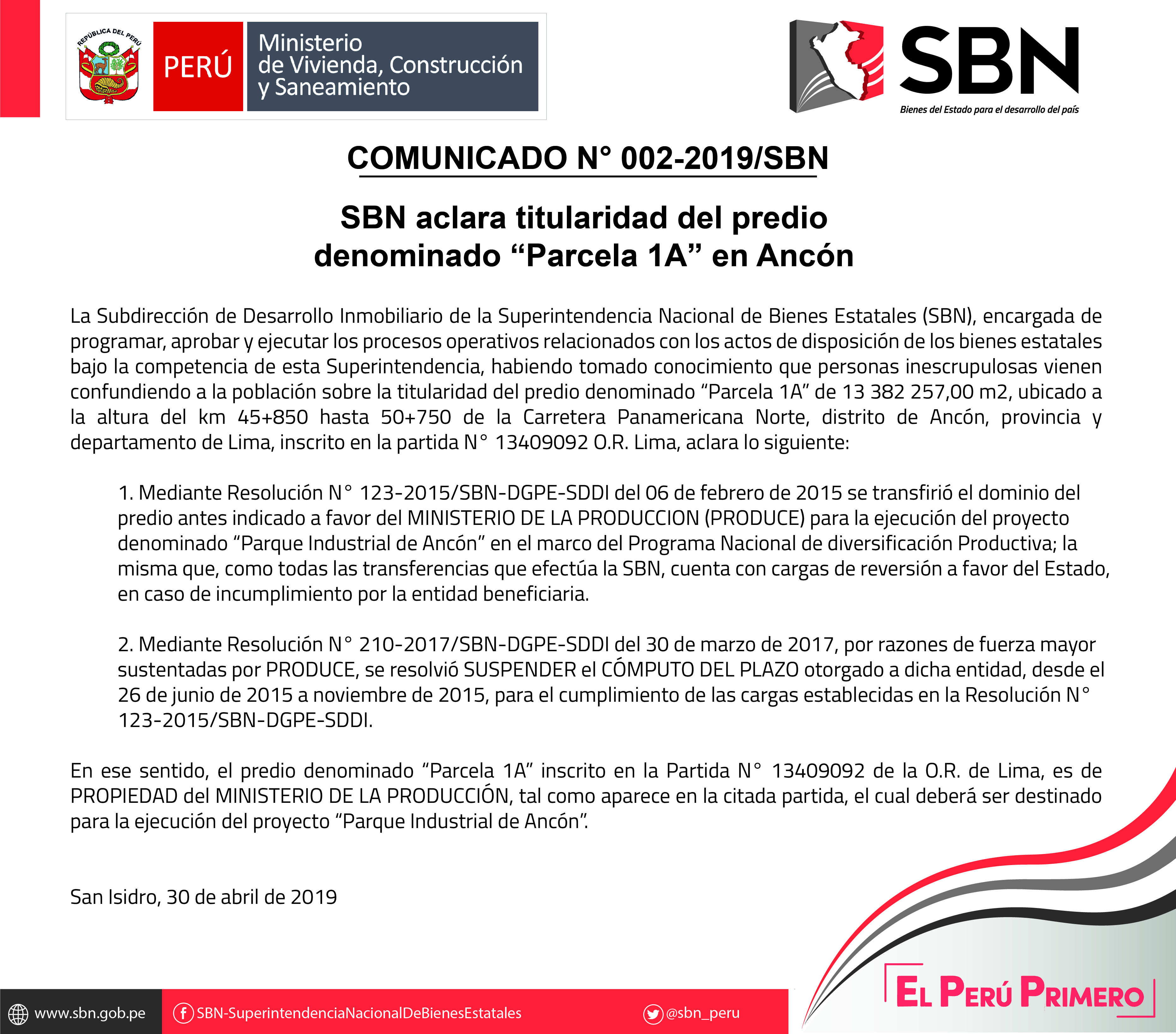  COMUNICADO OFICIAL N° 002-2019-SBN