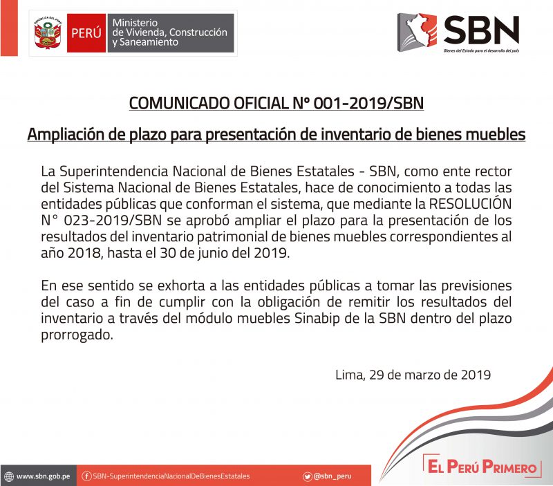  COMUNICADO OFICIAL N° 001-2019-SBN