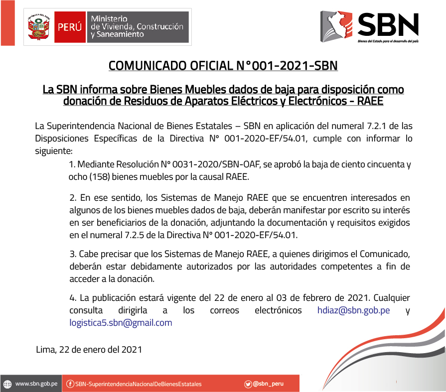  COMUNICADO OFICIAL N° 001 - 2021