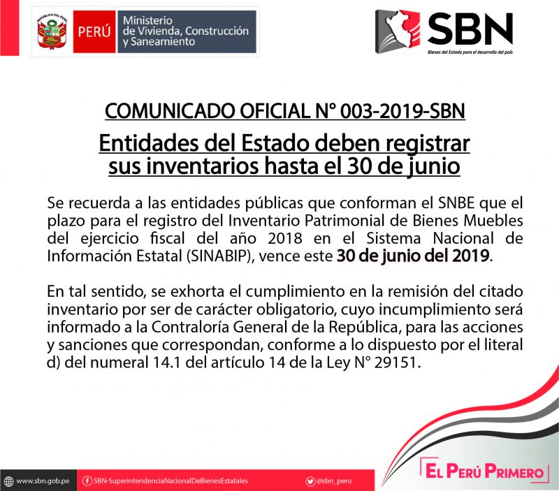  COMUNICADO OFICIAL N° 03-2019-SBN