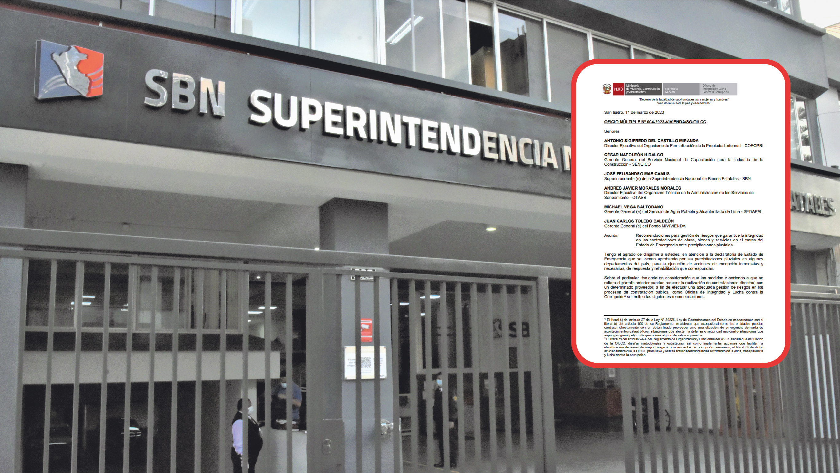  SBN dispone aplicar recomendaciones del Sector Vivienda en la gestión de riesgos para las contrataciones públicas