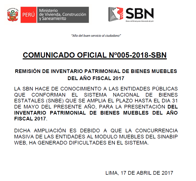 COMUNICADO OFICIAL Nº005-2018-SBN